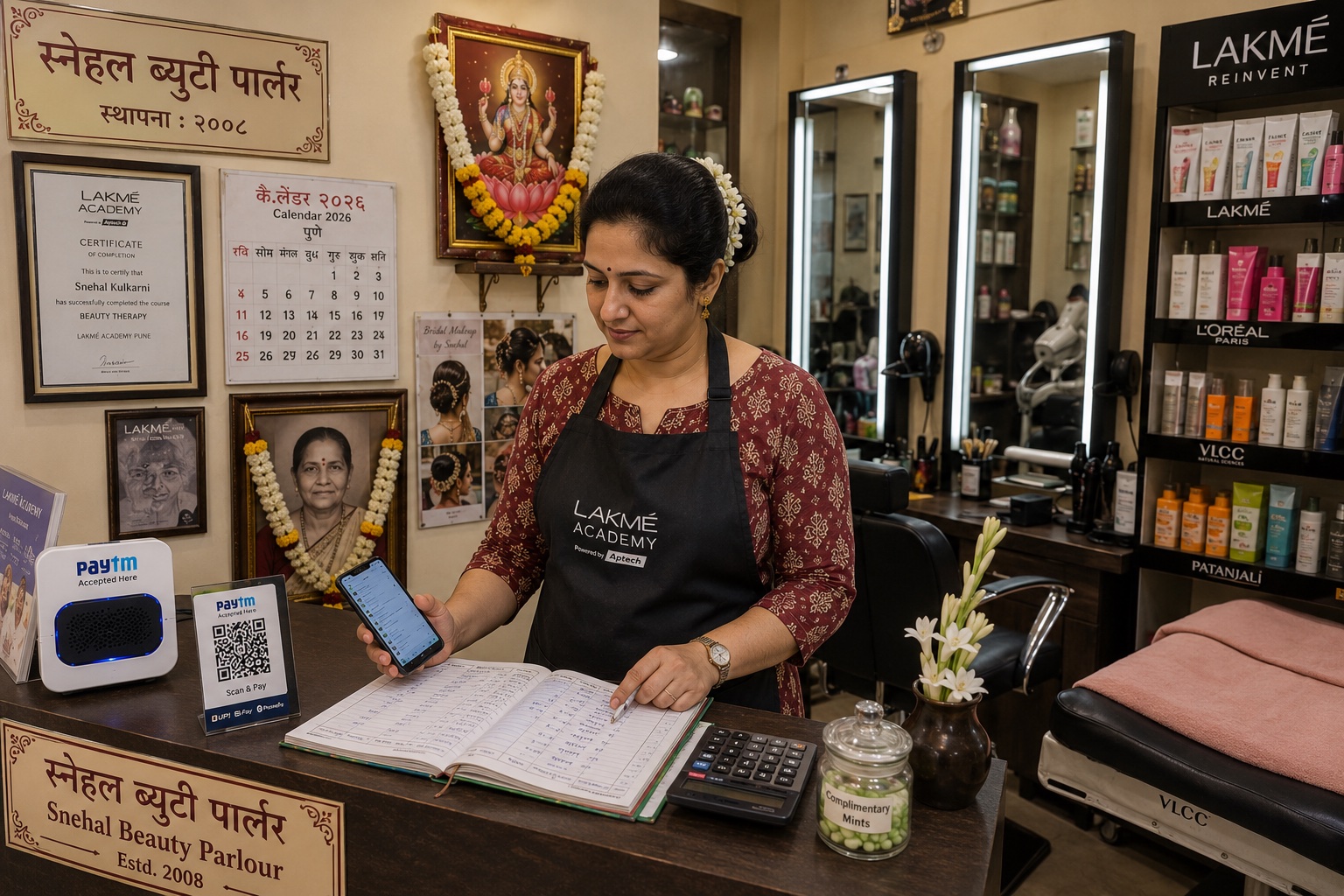 A Marathi woman proprietor of a small neighbourhood ladies' beauty parlour in Pune, consulting an appointment register and a smartphone at her reception counter. Parlour chairs with mirrors and white LED light strips visible, product shelves of Lakme/L'Oreal/VLCC cosmetics. Lakshmi framed image, training certificates. Paytm Soundbox + appointment register on counter.