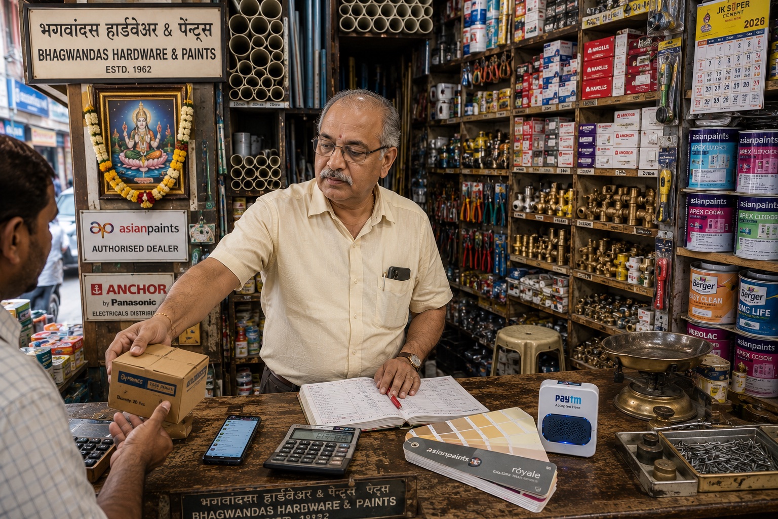 Sindhi proprietor of Bhagwandas Hardware & Paints (Estd 1962), Mumbai. Mid-handing a small cardboard box across his wooden counter to a contractor customer. Behind him: crammed shelves of PVC pipes, hardware tools, light bulbs, electrical switches. Asian Paints Authorised Dealer signboard, Anchor by Panasonic signboard. Asian Paints colour-shade fan on counter, Paytm Soundbox, smartphone, calculator, brass weighing scale, open bahi-khata ledger. Framed Lord Jhulelal image garlanded above.