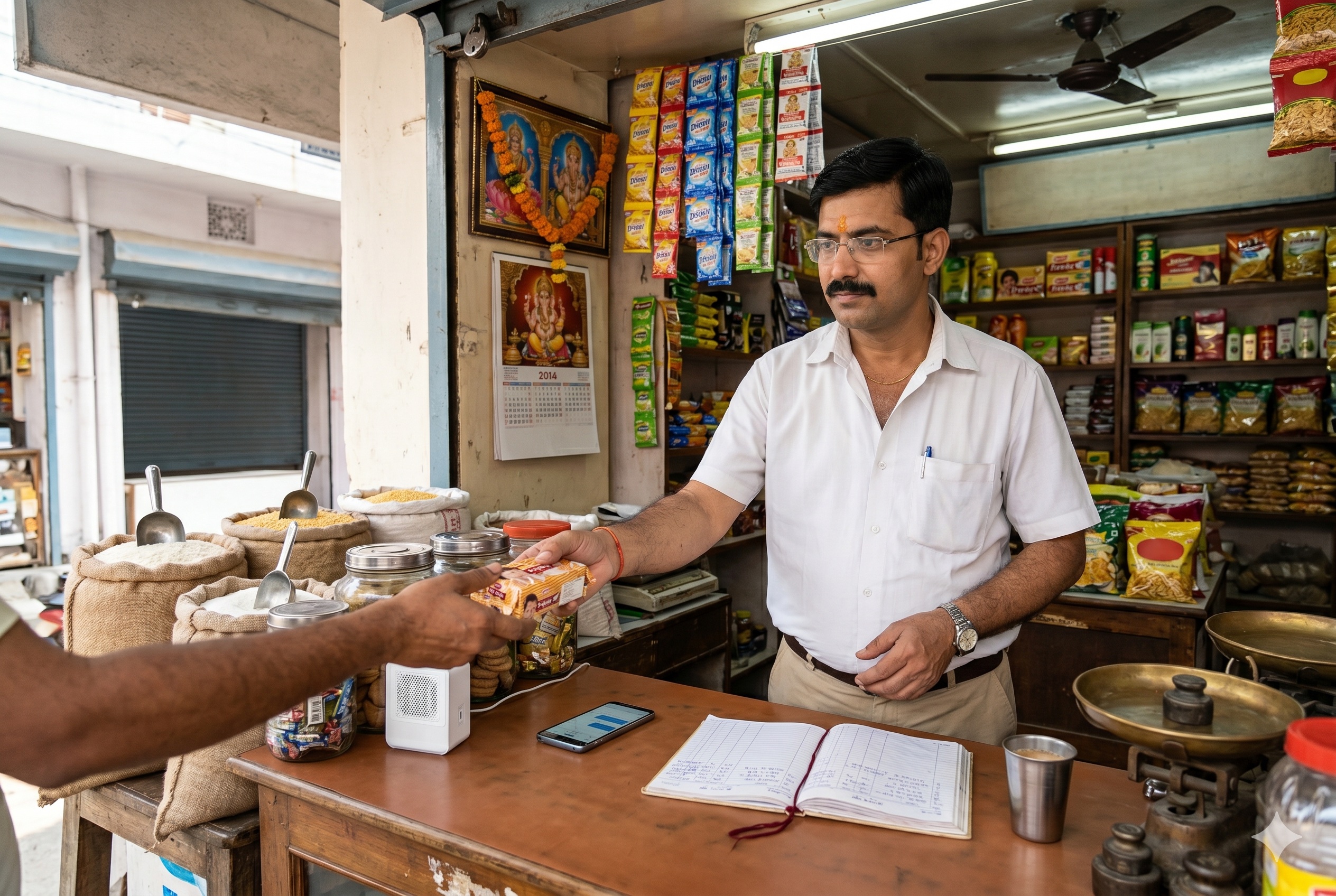 A UP Bania kirana shopkeeper mid-handing a small packet across his wooden counter to a customer. Open jute sacks of dal, hanging snack packets behind him. Paytm Soundbox, smartphone, open bahi-khata ledger, steel chai tumbler on counter. Framed Ganesh image garlanded above.