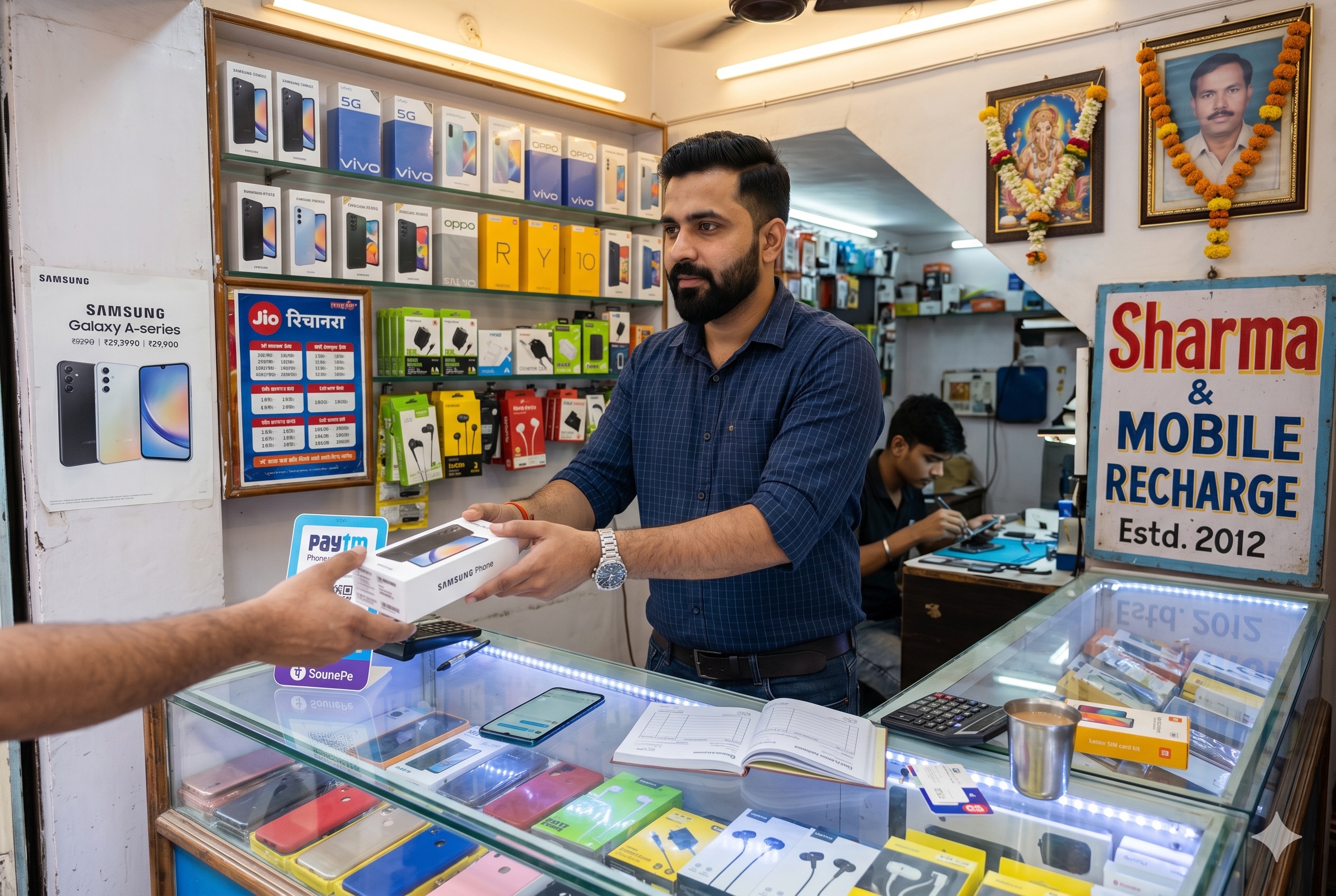 A young Indian mobile-and-recharge shop proprietor in Delhi mid-handing a new smartphone box across his glass-topped display counter. Shelves of phone covers, chargers, earphones behind. Wall display of Samsung, Vivo, Oppo, Realme, Redmi phones. Paytm Soundbox, smartphone, paper bill book, calculator on counter. Repair-section technician visible at back.