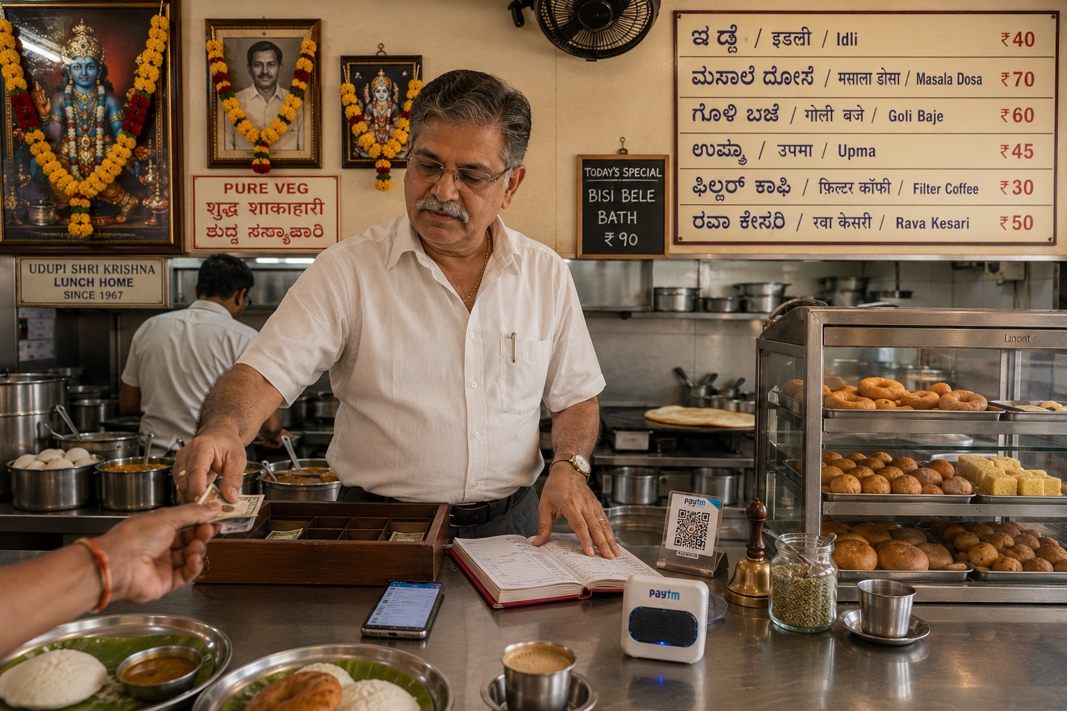 A Bunts Shetty proprietor at the cash counter of a Mumbai Udupi pure-vegetarian lunch home, hand mid-transaction with a customer. Paytm Soundbox, smartphone, and a hand-bound bahi-khata ledger sit on the steel counter.