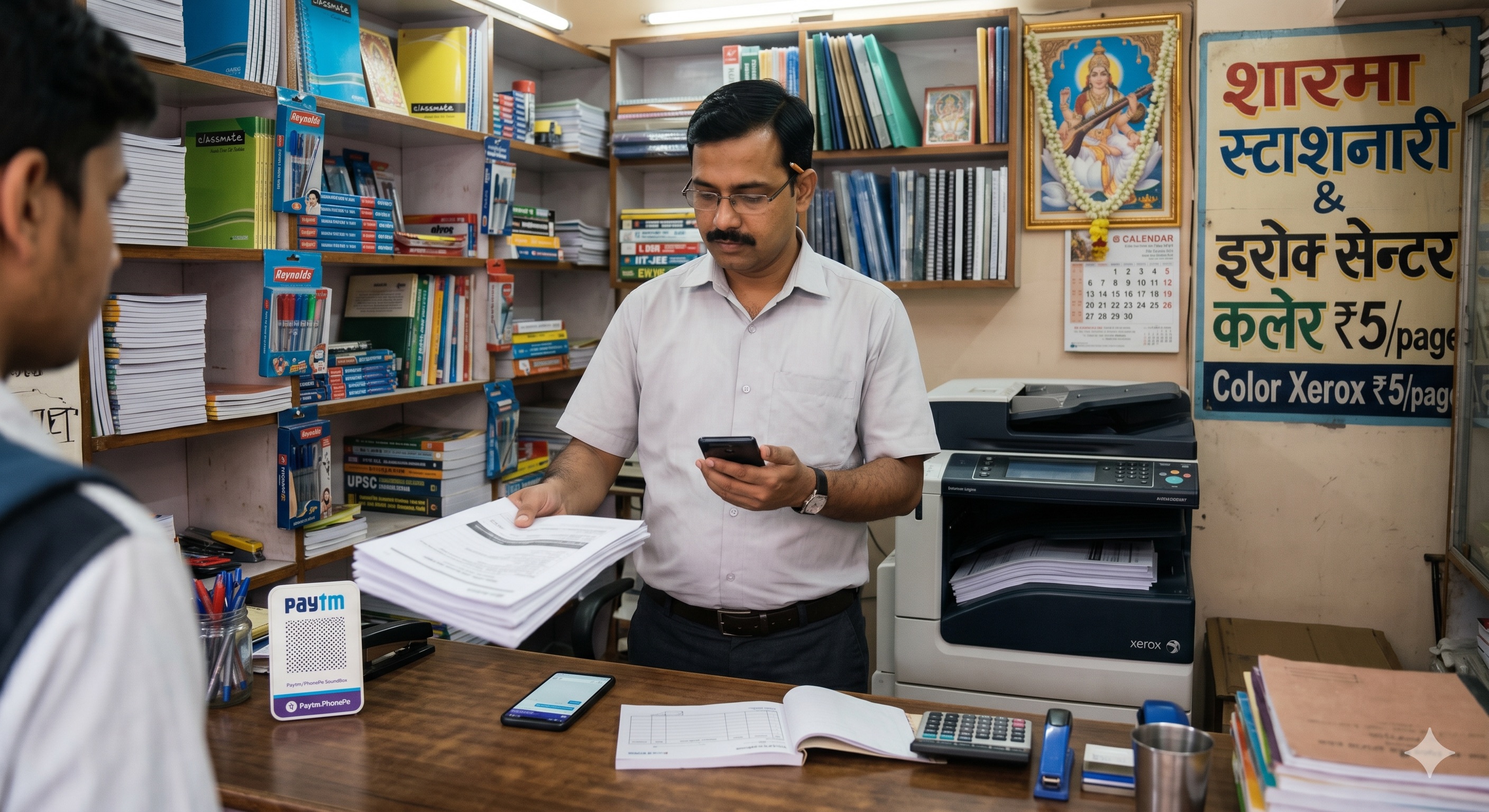 A Bengali migrant proprietor of a small student-area stationery-and-photocopy shop in Delhi, mid-handing a stack of freshly copied competitive-exam pages to a student. Large black-and-white Xerox machine humming behind. Shelves of school stationery, notebooks, pens, files, UPSC/SSC coaching books. Saraswati framed image, hand-painted signboard 'Color Xerox ₹5/page'. Paytm Soundbox + smartphone + bill book on counter.
