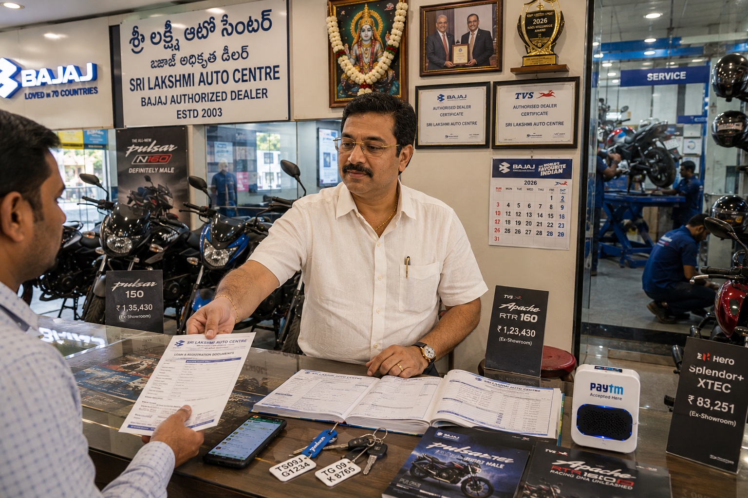 A Telugu Reddy proprietor of an authorized Bajaj/TVS two-wheeler showroom in Hyderabad, mid-handing a printed loan-and-registration document to a customer at the billing counter. Bajaj Pulsar / TVS Apache / Hero Splendor bikes on raised showroom platforms behind. Workshop visible through glass partition with mechanics in blue overalls. Paytm Soundbox + service voucher book on counter.